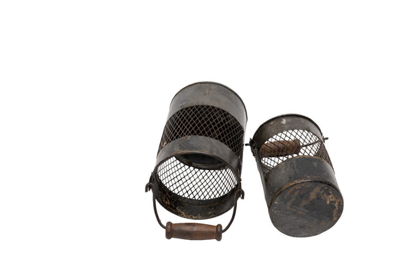 Set 2 Vintage Rustic Metal Mesh Basket Pot Utensil Pen Candle Holder Lantern