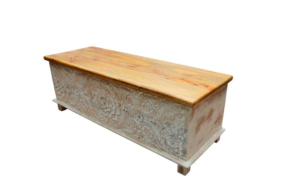 Indian Reclaimed Hand Carved Mango Wood Ottoman Chest Blanket Box