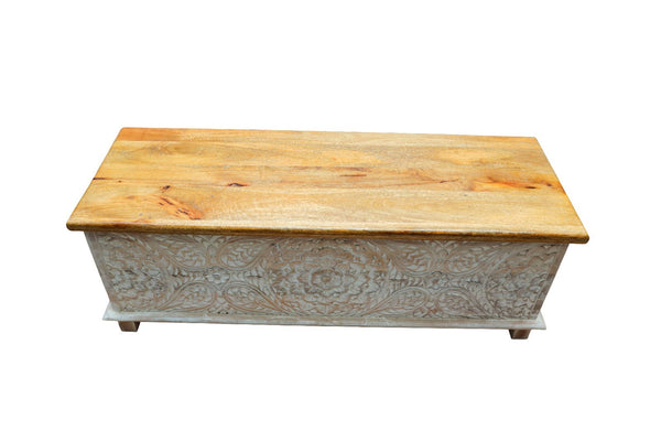 Indian Reclaimed Hand Carved Mango Wood Ottoman Chest Blanket Box