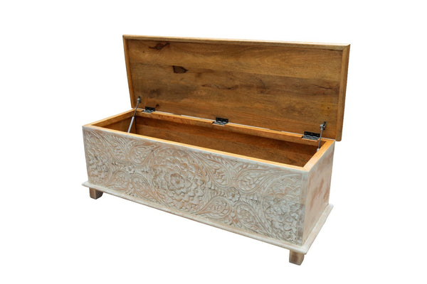 Indian Reclaimed Hand Carved Mango Wood Ottoman Chest Blanket Box