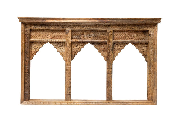 Large Arched Indian Hand Made Carved Solid Wooden Mango Wood Wall Temple Mirror