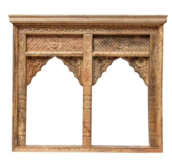 Large Arched Indian Hand Made Carved Solid Wooden Mango Wood Wall Temple Mirror
