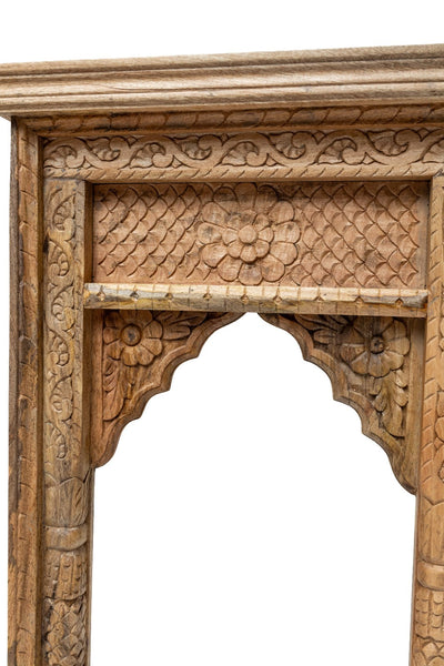 Large Arched Indian Hand Made Carved Solid Wooden Mango Wood Wall Temple Mirror