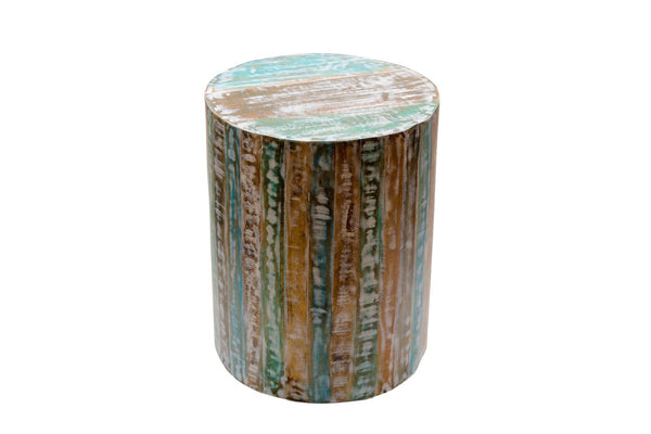 Vintage Reclaimed Round Wooden Side Bedside Barrel Table Plant Stand