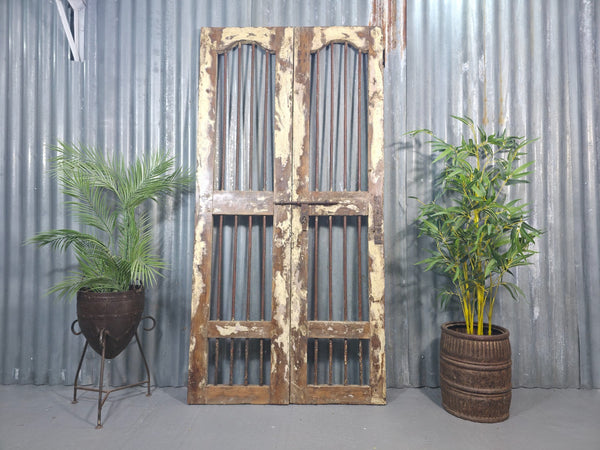 Pair Vintage Rustic Indian Wooden Iron Doors Garden Gates Room Divider Screen