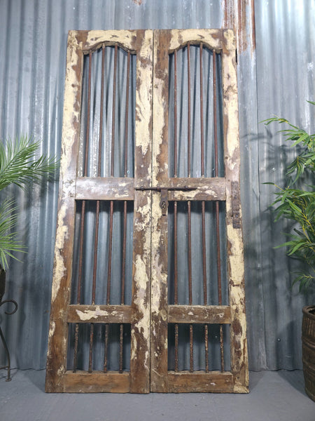 Pair Vintage Rustic Indian Wooden Iron Doors Garden Gates Room Divider Screen