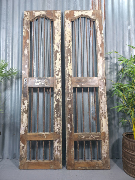 Pair Vintage Rustic Indian Wooden Iron Doors Garden Gates Room Divider Screen