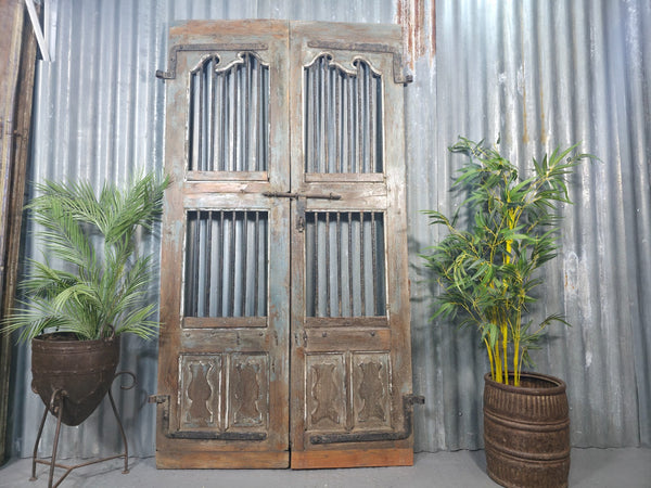 Pair Vintage Rustic Indian Wooden Iron Doors Garden Gates Room Divider Screen