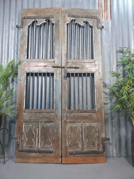 Pair Vintage Rustic Indian Wooden Iron Doors Garden Gates Room Divider Screen