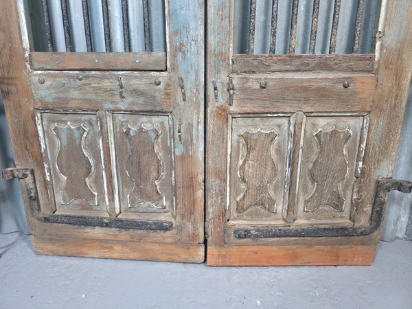 Pair Vintage Rustic Indian Wooden Iron Doors Garden Gates Room Divider Screen