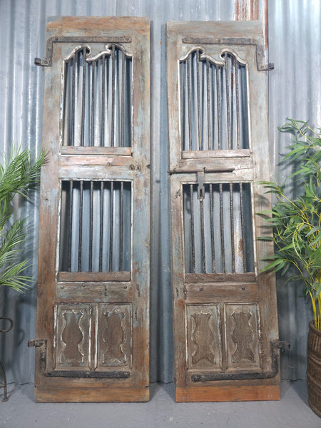 Pair Vintage Rustic Indian Wooden Iron Doors Garden Gates Room Divider Screen