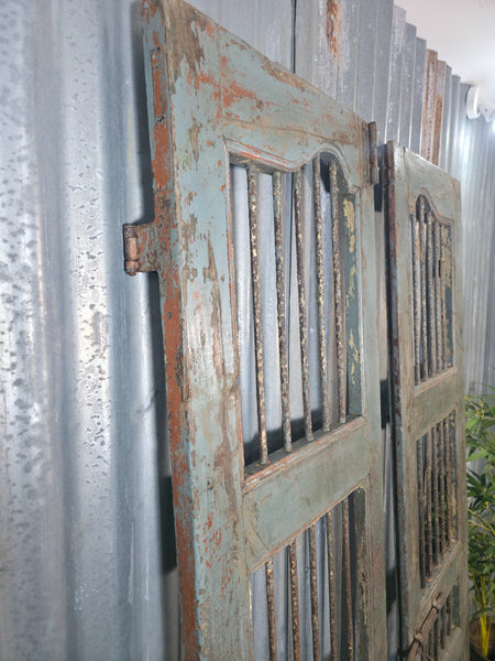 Pair Vintage Rustic Indian Wooden Iron Doors Garden Gates Room Divider Screen