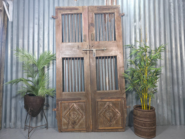 Pair Vintage Rustic Indian Wooden Iron Doors Garden Gates Room Divider Screen