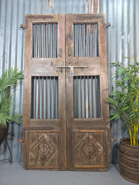 Pair Vintage Rustic Indian Wooden Iron Doors Garden Gates Room Divider Screen