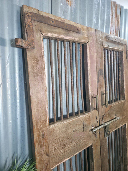 Pair Vintage Rustic Indian Wooden Iron Doors Garden Gates Room Divider Screen
