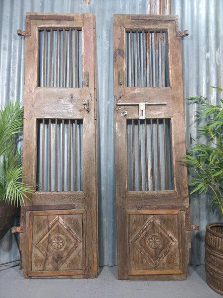 Pair Vintage Rustic Indian Wooden Iron Doors Garden Gates Room Divider Screen