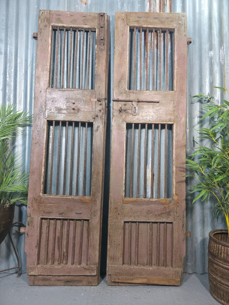 Pair Vintage Rustic Indian Wooden Iron Doors Garden Gates Room Divider Screen