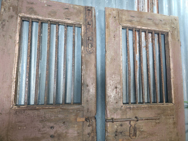 Pair Vintage Rustic Indian Wooden Iron Doors Garden Gates Room Divider Screen