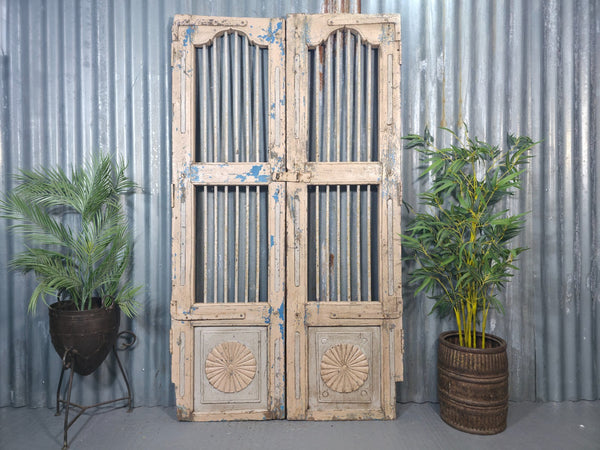 Pair Vintage Rustic Indian Wooden Iron Doors Garden Gates Room Divider Screen