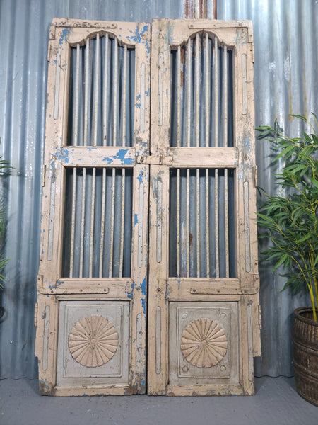 Pair Vintage Rustic Indian Wooden Iron Doors Garden Gates Room Divider Screen