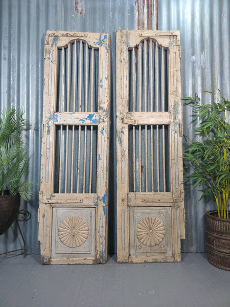 Pair Vintage Rustic Indian Wooden Iron Doors Garden Gates Room Divider Screen