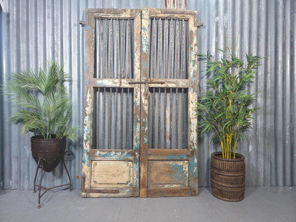 Pair Vintage Rustic Indian Wooden Iron Doors Garden Gates Room Divider Screen
