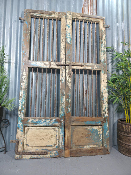Pair Vintage Rustic Indian Wooden Iron Doors Garden Gates Room Divider Screen