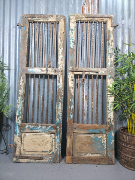 Pair Vintage Rustic Indian Wooden Iron Doors Garden Gates Room Divider Screen