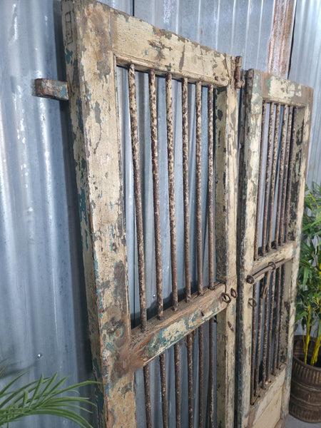 Pair Vintage Rustic Indian Wooden Iron Doors Garden Gates Room Divider Screen