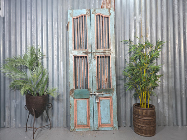 Pair Vintage Rustic Indian Wooden Iron Doors Garden Gates Room Divider Screen
