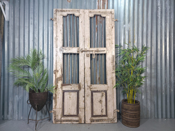 Pair Vintage Rustic Indian Wooden Iron Doors Garden Gates Room Divider Screen