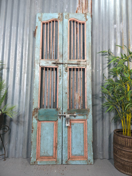 Pair Vintage Rustic Indian Wooden Iron Doors Garden Gates Room Divider Screen