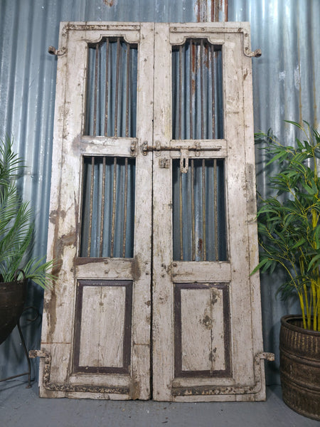 Pair Vintage Rustic Indian Wooden Iron Doors Garden Gates Room Divider Screen