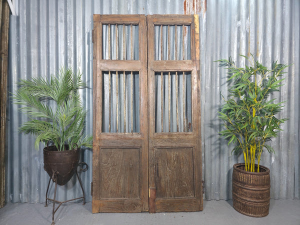 Pair Vintage Rustic Indian Wooden Iron Doors Garden Gates Room Divider Screen