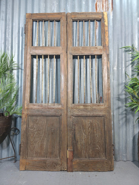 Pair Vintage Rustic Indian Wooden Iron Doors Garden Gates Room Divider Screen