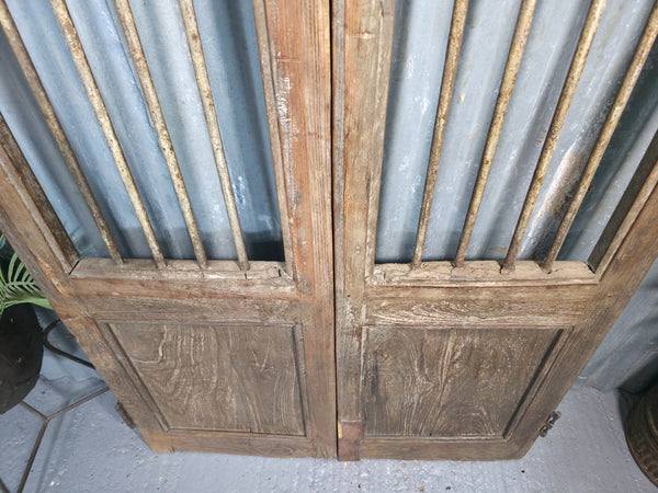 Pair Vintage Rustic Indian Wooden Iron Doors Garden Gates Room Divider Screen