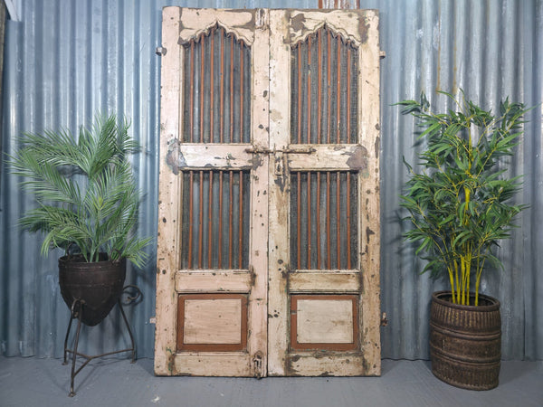 Pair Vintage Rustic Indian Wooden Iron Doors Garden Gates Room Divider Screen