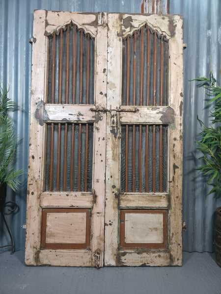 Pair Vintage Rustic Indian Wooden Iron Doors Garden Gates Room Divider Screen