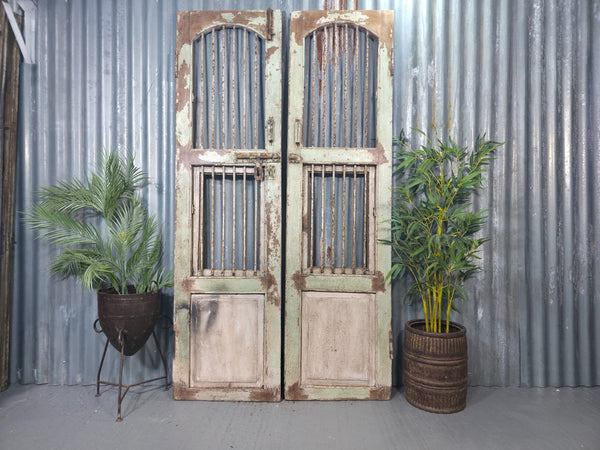 Pair Vintage Rustic Indian Wooden Iron Doors Garden Gates Room Divider Screen