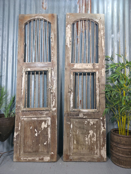 Pair Vintage Rustic Indian Wooden Iron Doors Garden Gates Room Divider Screen