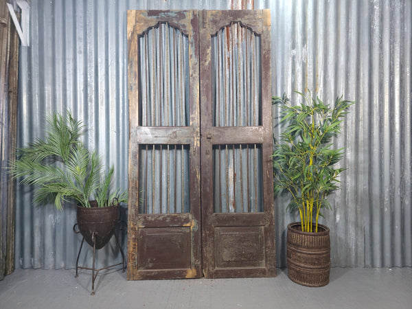 Pair Vintage Rustic Indian Wooden Iron Doors Garden Gates Room Divider Screen