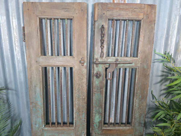 Pair Vintage Rustic Indian Wooden Iron Doors Garden Gates Room Divider Screen