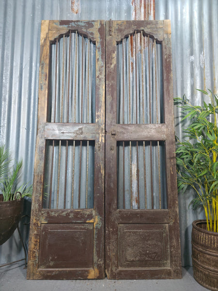 Pair Vintage Rustic Indian Wooden Iron Doors Garden Gates Room Divider Screen