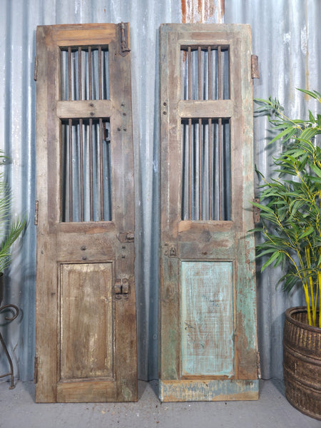 Pair Vintage Rustic Indian Wooden Iron Doors Garden Gates Room Divider Screen