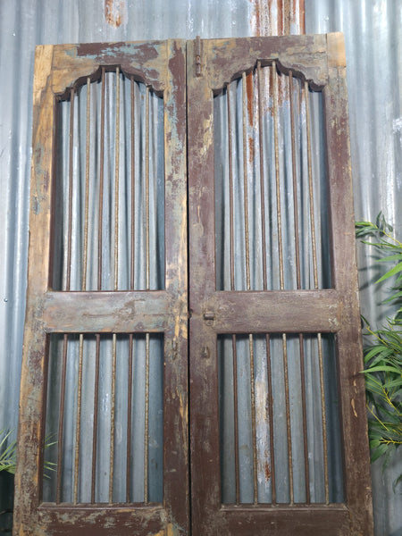 Pair Vintage Rustic Indian Wooden Iron Doors Garden Gates Room Divider Screen