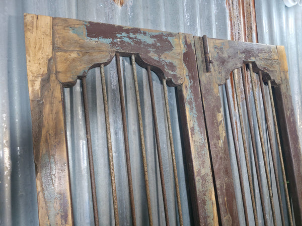 Pair Vintage Rustic Indian Wooden Iron Doors Garden Gates Room Divider Screen