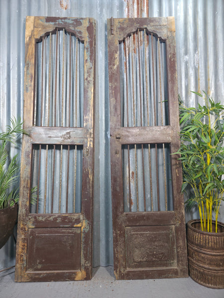 Pair Vintage Rustic Indian Wooden Iron Doors Garden Gates Room Divider Screen