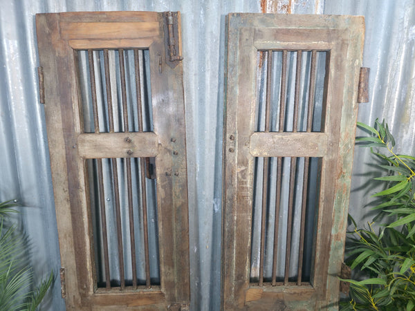 Pair Vintage Rustic Indian Wooden Iron Doors Garden Gates Room Divider Screen