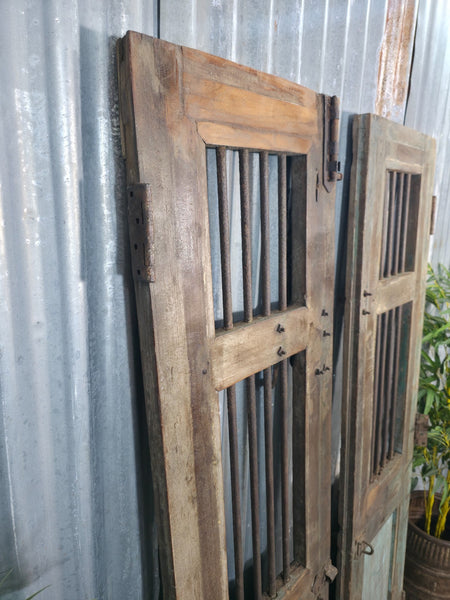 Pair Vintage Rustic Indian Wooden Iron Doors Garden Gates Room Divider Screen