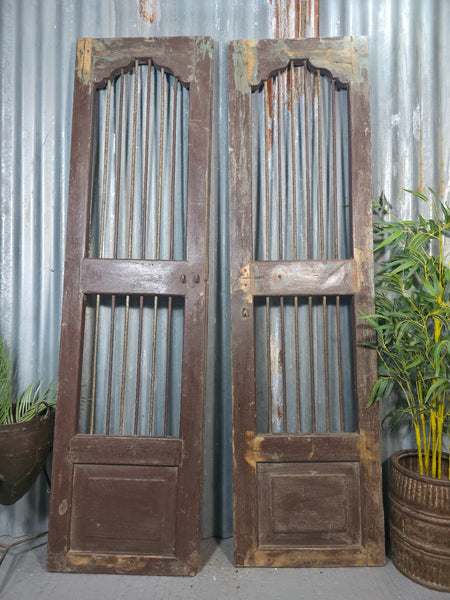 Pair Vintage Rustic Indian Wooden Iron Doors Garden Gates Room Divider Screen